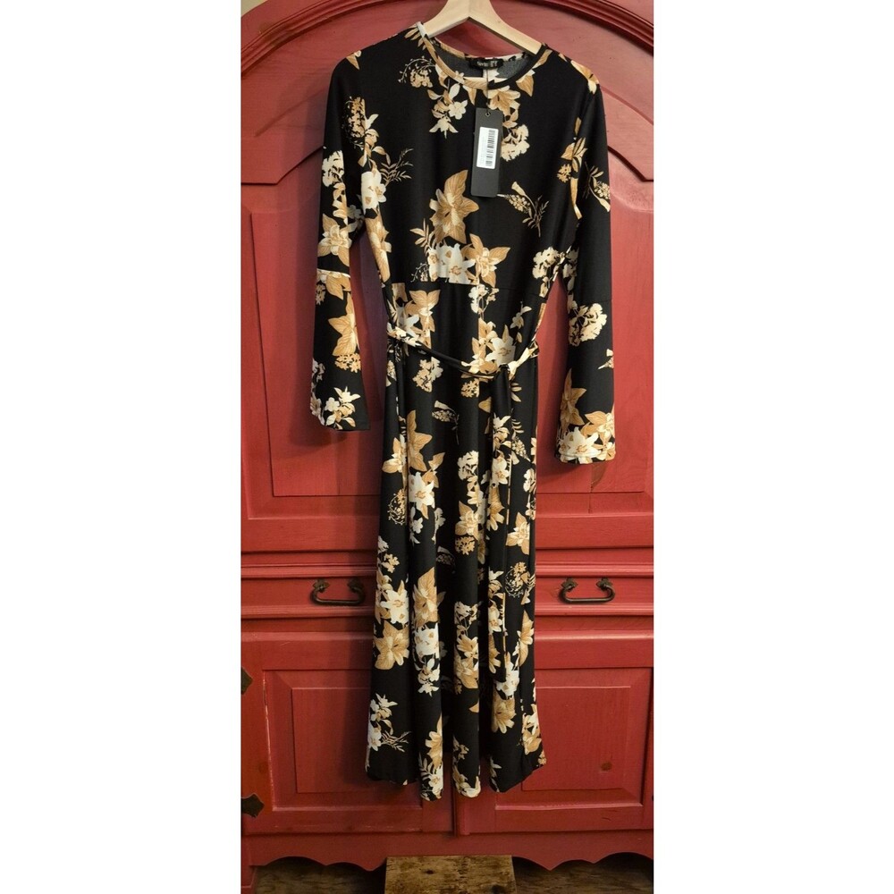 NWT Tavin Size 10 Vintage LA Boutique Dress Boho Bell Sleeve Floral Long Belt